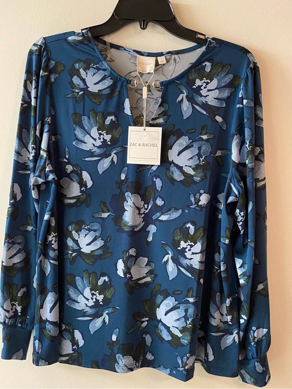 Zac & Rachel Teal Blue Floral Keyhole Long-Sleeve Top